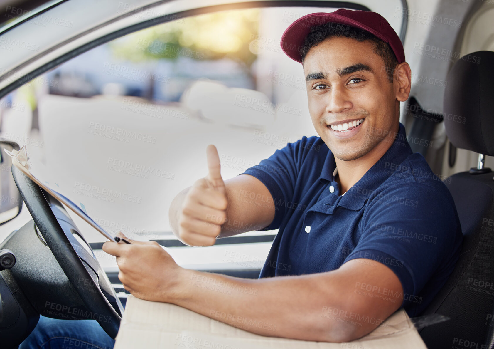 Buy stock photo Delivery, thumbs up and portrait of man in van with checklist for shipping, logistics and distribution. Ecommerce, supply chain and male driver with thank you sign to deliver box, parcel and order