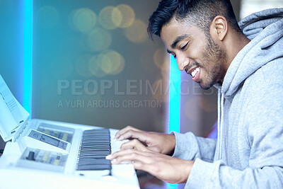 Buy stock photo Indian man, music and happy with keyboard or instrument for skill practice, talent and passion. Musician, rehearsal and smile or satisfied with career growth, piano and confident for performance