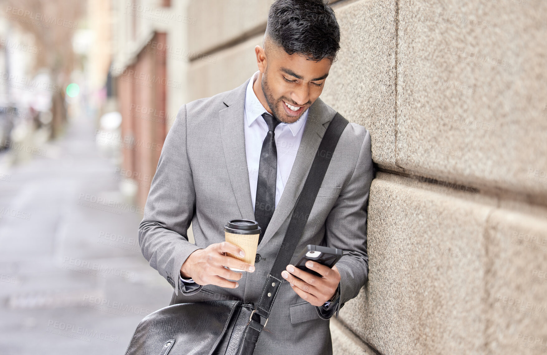 Buy stock photo Coffee, smile and businessman with phone in city for social media, travel and salesman reading email on internet. Mobile, drink and professional in street online, website and network on news app