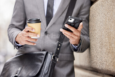 Buy stock photo Coffee, hands and businessman with phone in city for social media, travel and salesman reading email on internet. Mobile, drink tea and professional outdoor online, website and network on news app