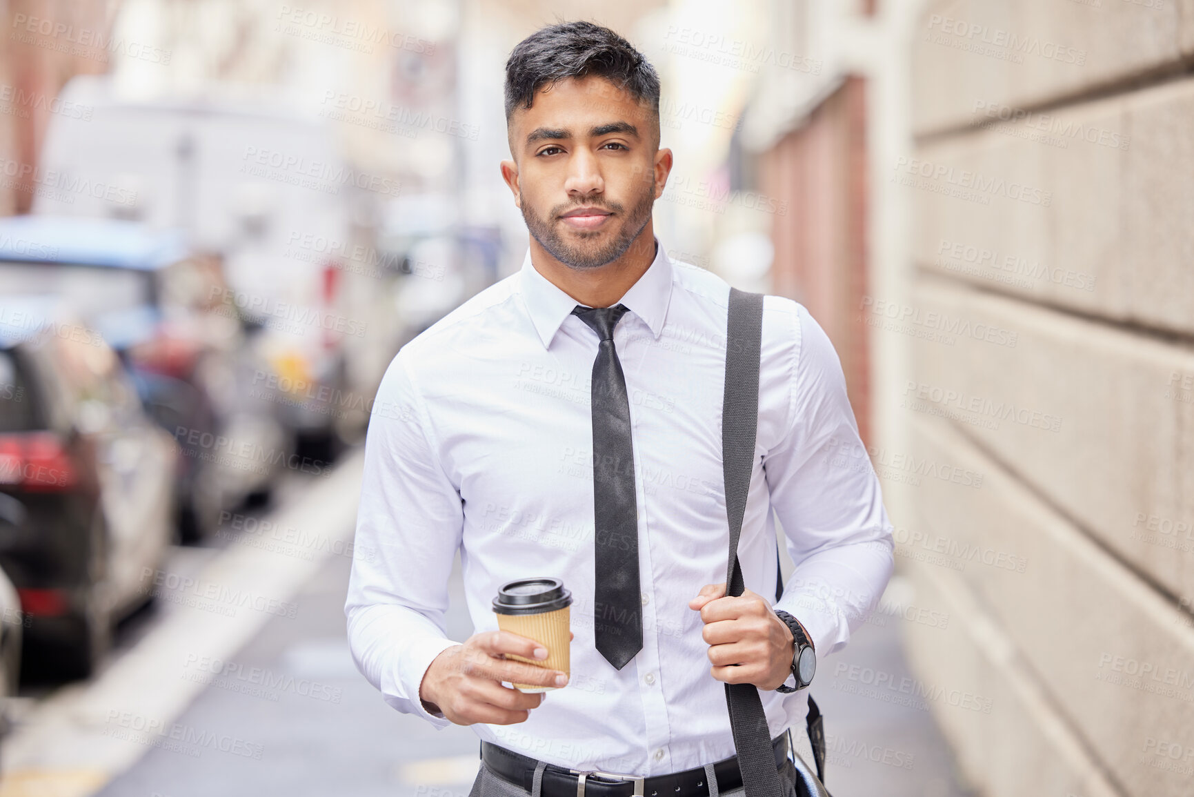 Buy stock photo Coffee, walking and portrait of businessman in city for morning commute, travel and journey to work. Professional consultant, lawyer and person with drink in urban town for career, job and break