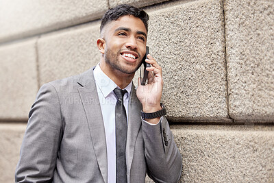 Buy stock photo Phone call, smile and businessman on wall in city for talking, conversation and salesman listening to contact. Mobile, happy professional and discussion outdoor for deal, negotiation or networking