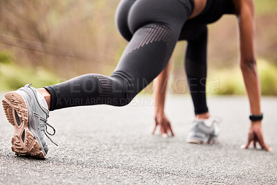 Buy stock photo Leg, ready and athlete on road, run and healthy for competition, wellness and shoes for challenge. Sports, marathon and runner in race, morning and cardio for person, speed and performance for feet