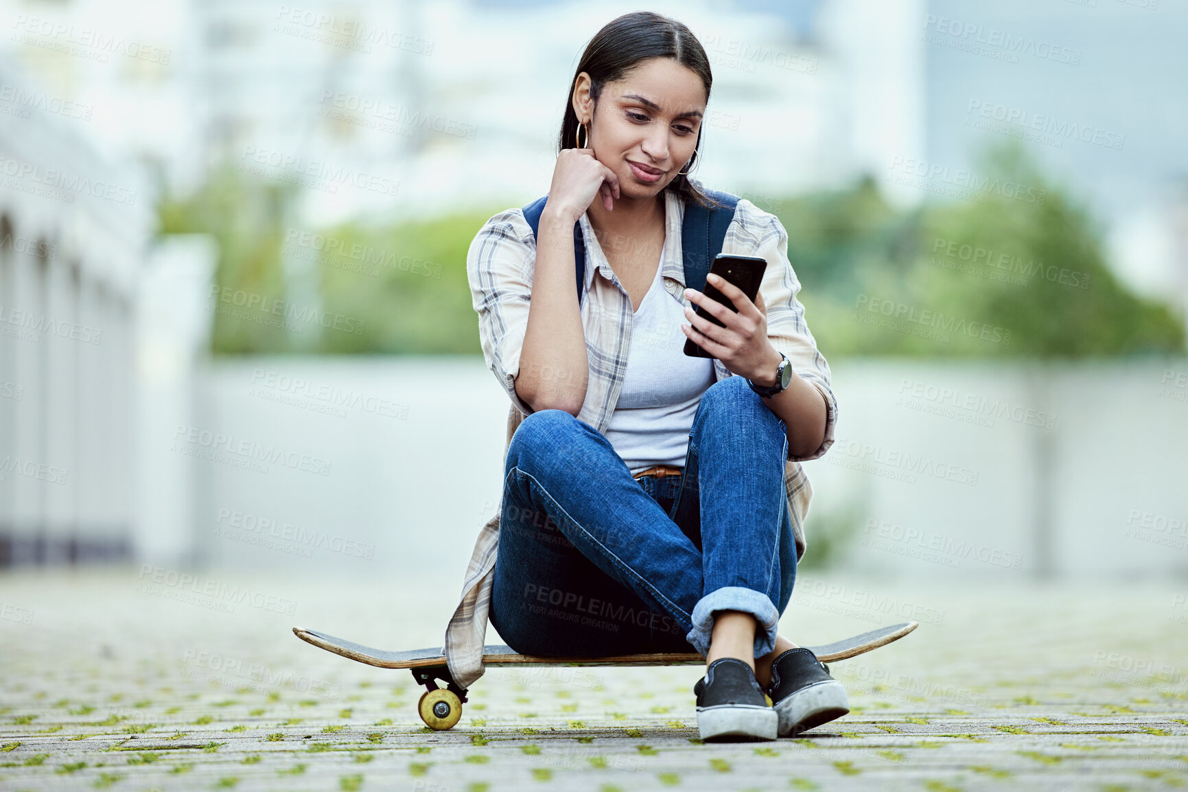 Buy stock photo Skater, woman and cellphone with backpack, smile and skateboard as student on campus for education. Female person, technology and happy at school for learning, development and future in California