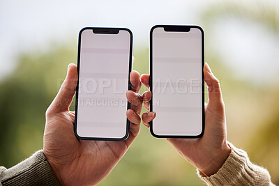 Buy stock photo Phone screen, mockup and hands of couple of friends with online promotion and deal space outdoor. Hand, mobile and advertisement on cellphone with connectivity, network and dating app on web 