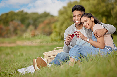 Buy stock photo Couple, picnic and glass in park for love with celebrate anniversary, alcohol toast and basket with food. Woman, man and happiness in nature with cheers, wine drink and weekend date for relationship