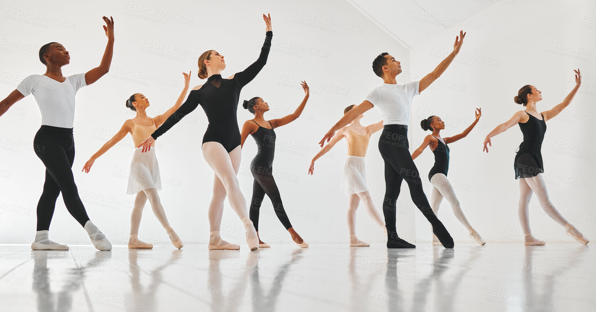 Buy stock photo Group, ballet dancers and class with teacher for performance, routine or choreography in studio. Young people, community or team of performers with coach in ballerina academy for art, dance or talent