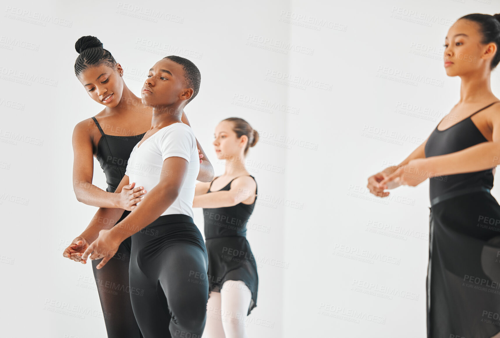 Buy stock photo Ballet, teacher and ballerina group in class for learning routine for theatre, performance and dancing. Creative dancer, art school and teenagers for training, practice and exercise for rehearsal