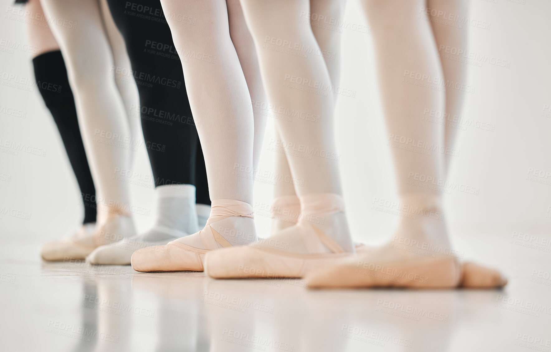 Buy stock photo People, ballet and group of legs in dance for performance art, balance and learning of routine. Academy, class and feet with practice on floor in recital for elegance, lesson and talent development