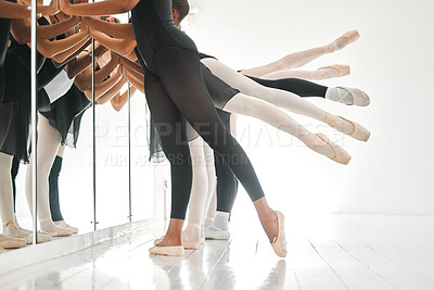 Buy stock photo Ballet group, mirror and legs of ballerina in class for learning routine for theatre, performance or dancing. Creative dancer, art and people stretch for training, practice and exercise for rehearsal