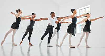 Buy stock photo People, ballet and row with dancers in class for balance, art or performance in practice studio. Young group, team or performers in line or artist with talent, elegance or training for choreography