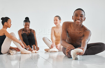 Buy stock photo Shot of a young boy practicing his ballet routine with his classmates in the background