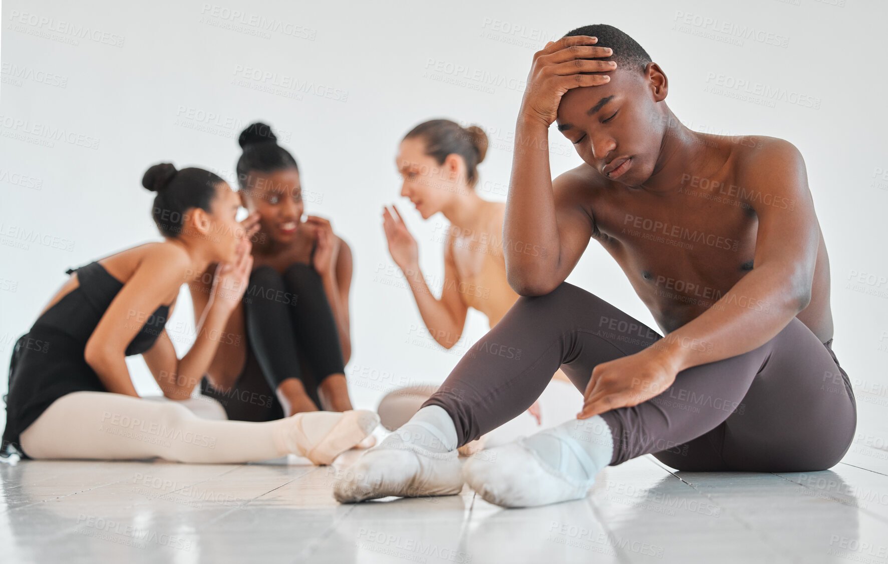 Buy stock photo Sad, black boy and ballet with depression in studio for mental health, bullying and anxiety at practice. Lonely, teenager and stress with secret at dance academy for gossip, whisper and rumor