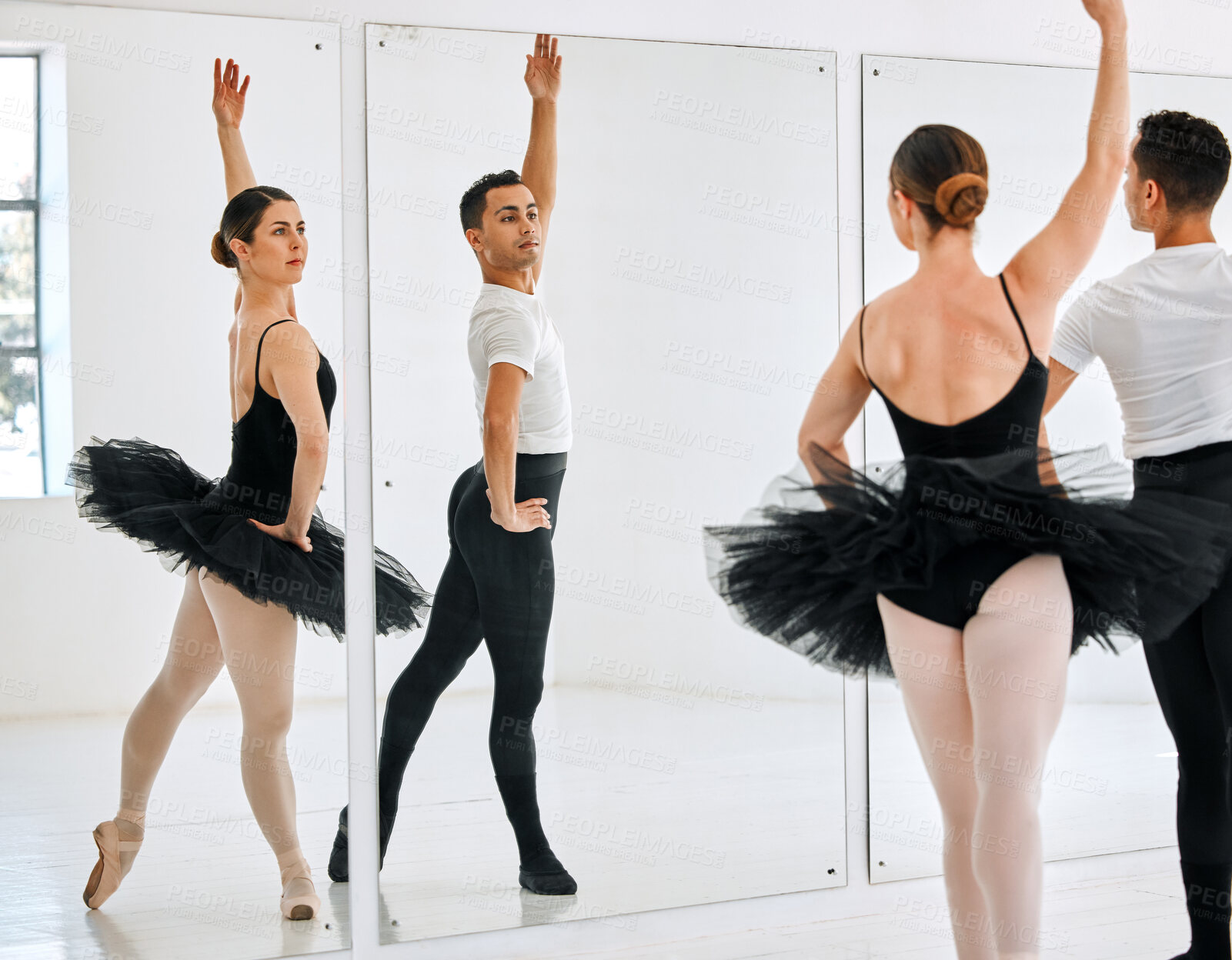 Buy stock photo Ballet, dance and mirror with partner practice for performance art, elegance or learning. Man, woman and ballerina with training in class for dancing academy, creative teamwork and recital balance