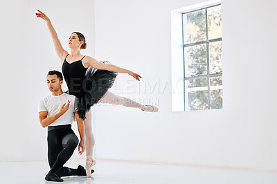 Buy stock photo Full length shot of two young ballet students rehearsing in their dance studio