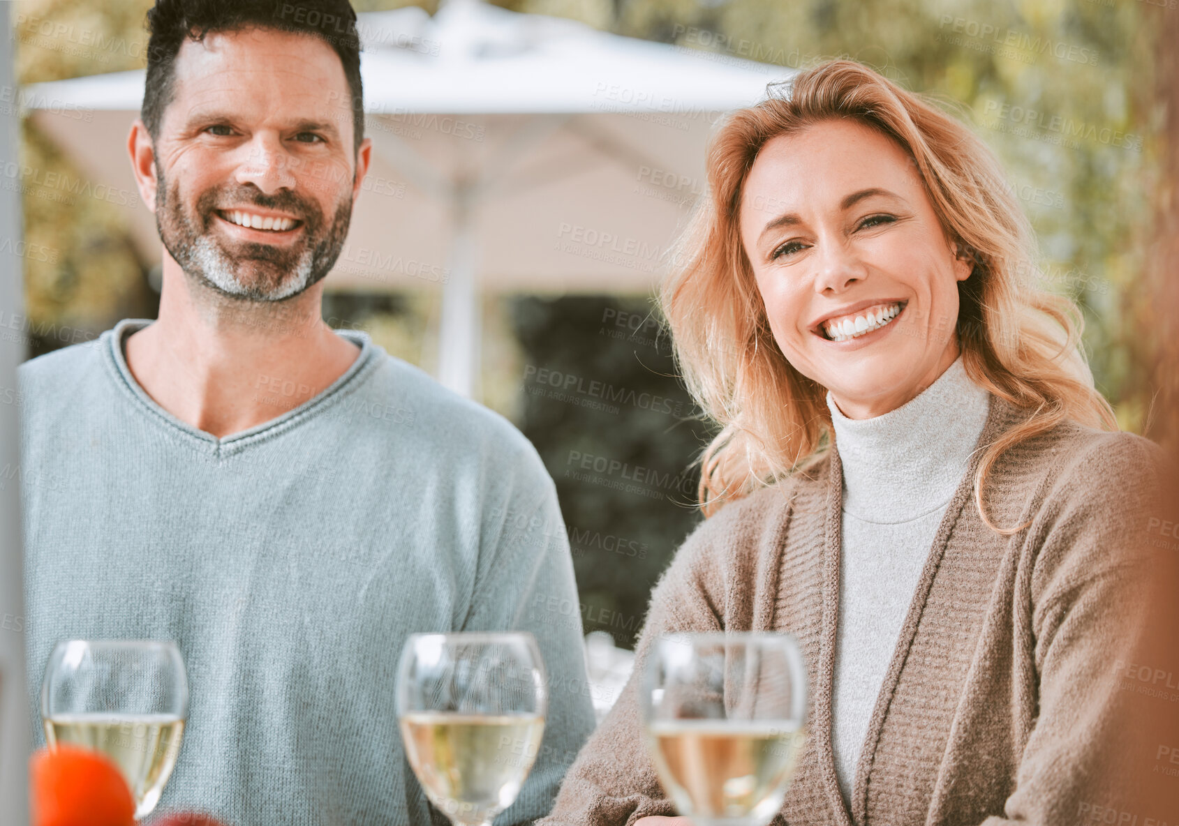 Buy stock photo Portrait, smile and couple with wine in backyard for happiness, relationship or romantic date. Love, holiday and married man with woman for anniversary, celebration or bonding together at resort