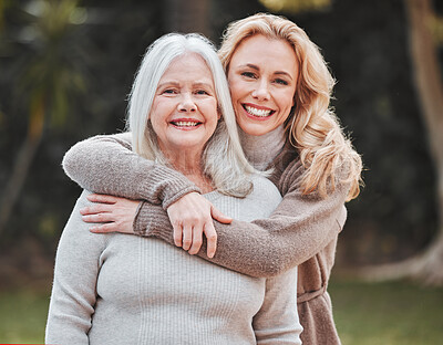 Buy stock photo Portrait, woman and senior mom in garden with smile, pride and embrace in outdoor bonding together. Happy family, generation and face of elderly mother with daughter in backyard for hug, care or love