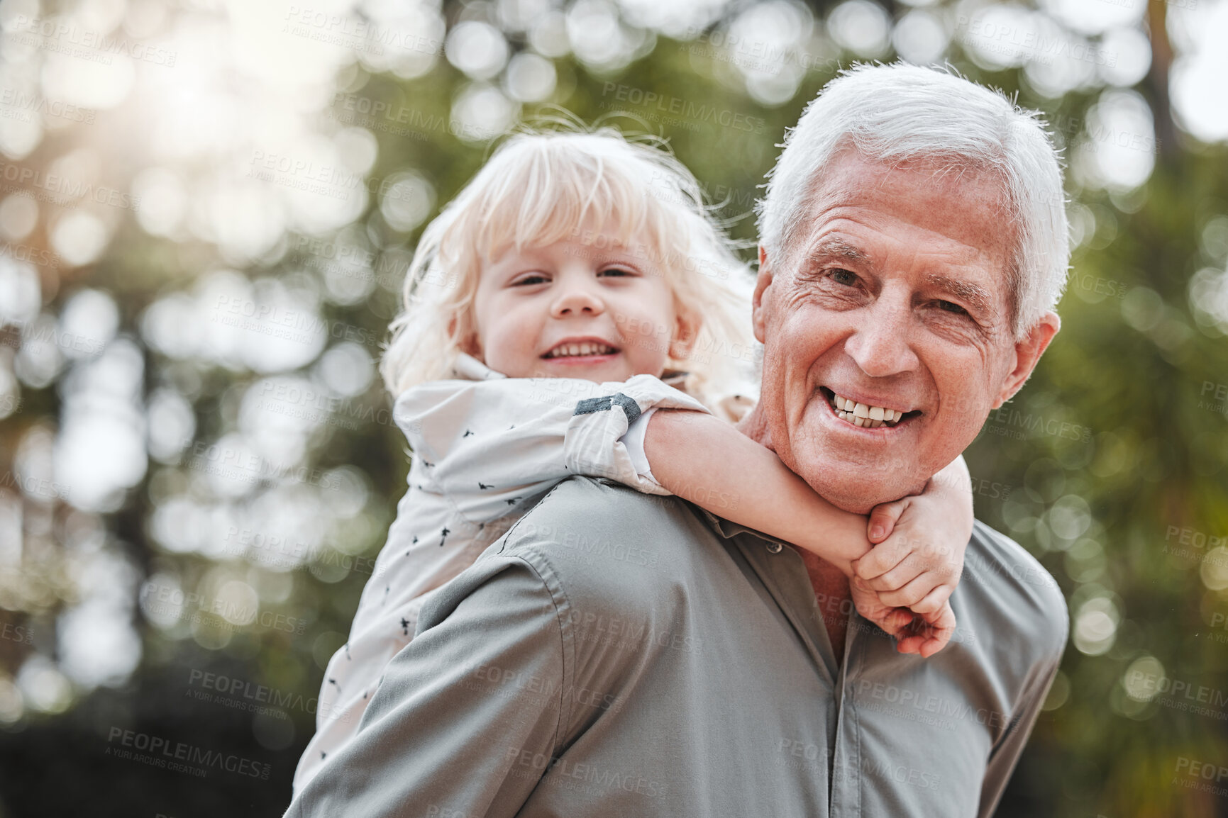 Buy stock photo Portrait of grandpa with child for piggy back for bonding, relationship and relaxing together outdoors. Family, happy and grandfather with kid in nature for playing, adventure and fun on weekend