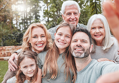 Buy stock photo Big family selfie, smile and portrait in park with happiness, love and bond for social media, app or internet post. Father, mother and daughter with grandparents, profile picture or backyard garden