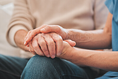 Buy stock photo Holding hands, support and nurse with patient for medical diagnosis at consultation with comfort. Healthcare, empathy and caregiver with person for compassion, kindness or hope with bad news.