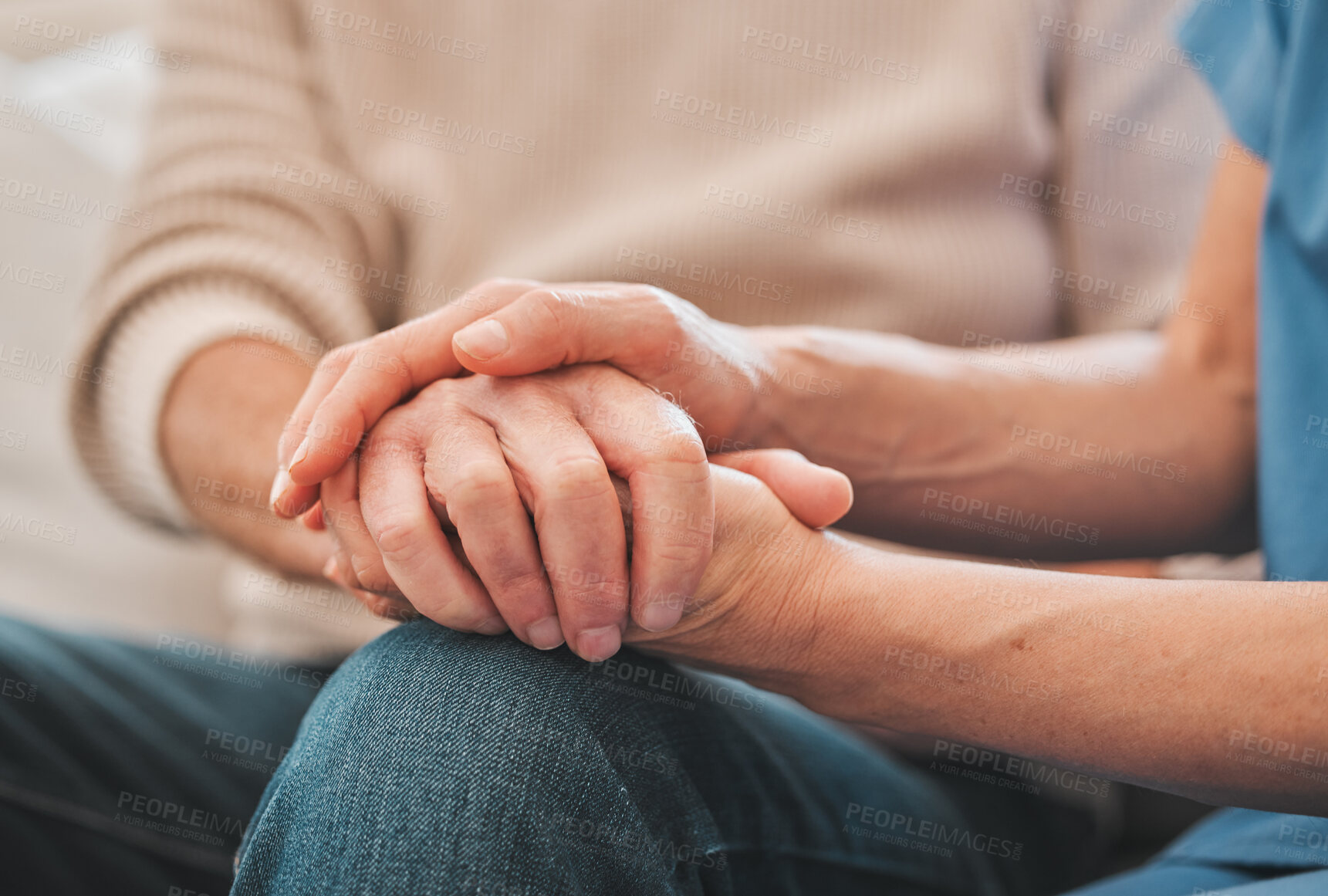 Buy stock photo Holding hands, support and nurse with patient for medical diagnosis at consultation with comfort. Healthcare, empathy and caregiver with person for compassion, kindness or hope with bad news.