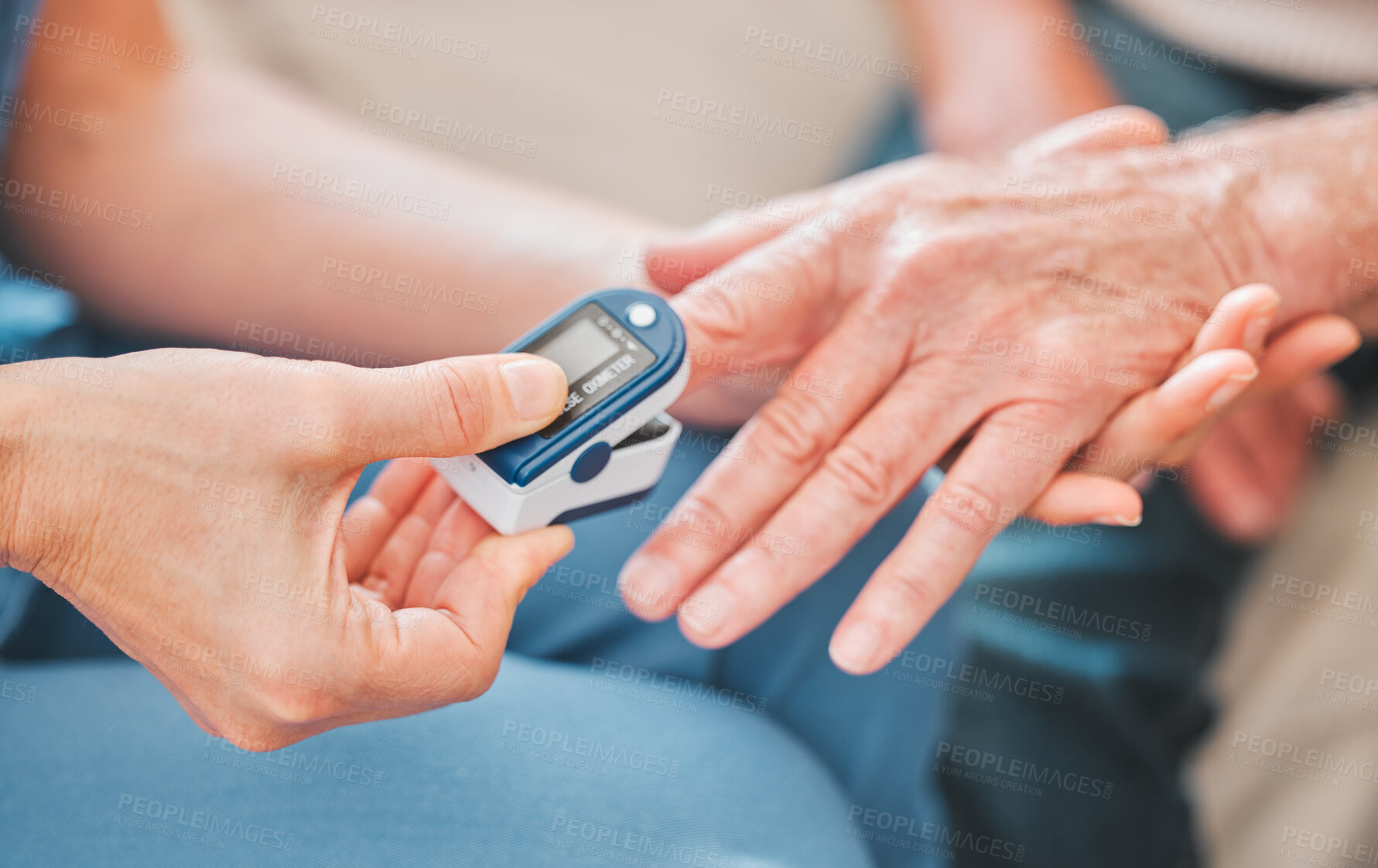 Buy stock photo Nurse, patient hands and check oxygen in blood, measure pulse and medical tool for healthcare. Medic, person and consulting doctor in exam in hospital, oximeter and track heartbeat for hypertension