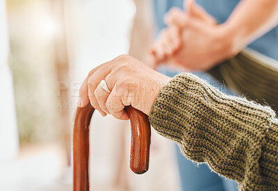 Buy stock photo Senior woman, nurse and cane for help with hands, physiotherapy and mobility or recovery in nursing home. Assisted living, professional and patient in retirement, health care and trust or support