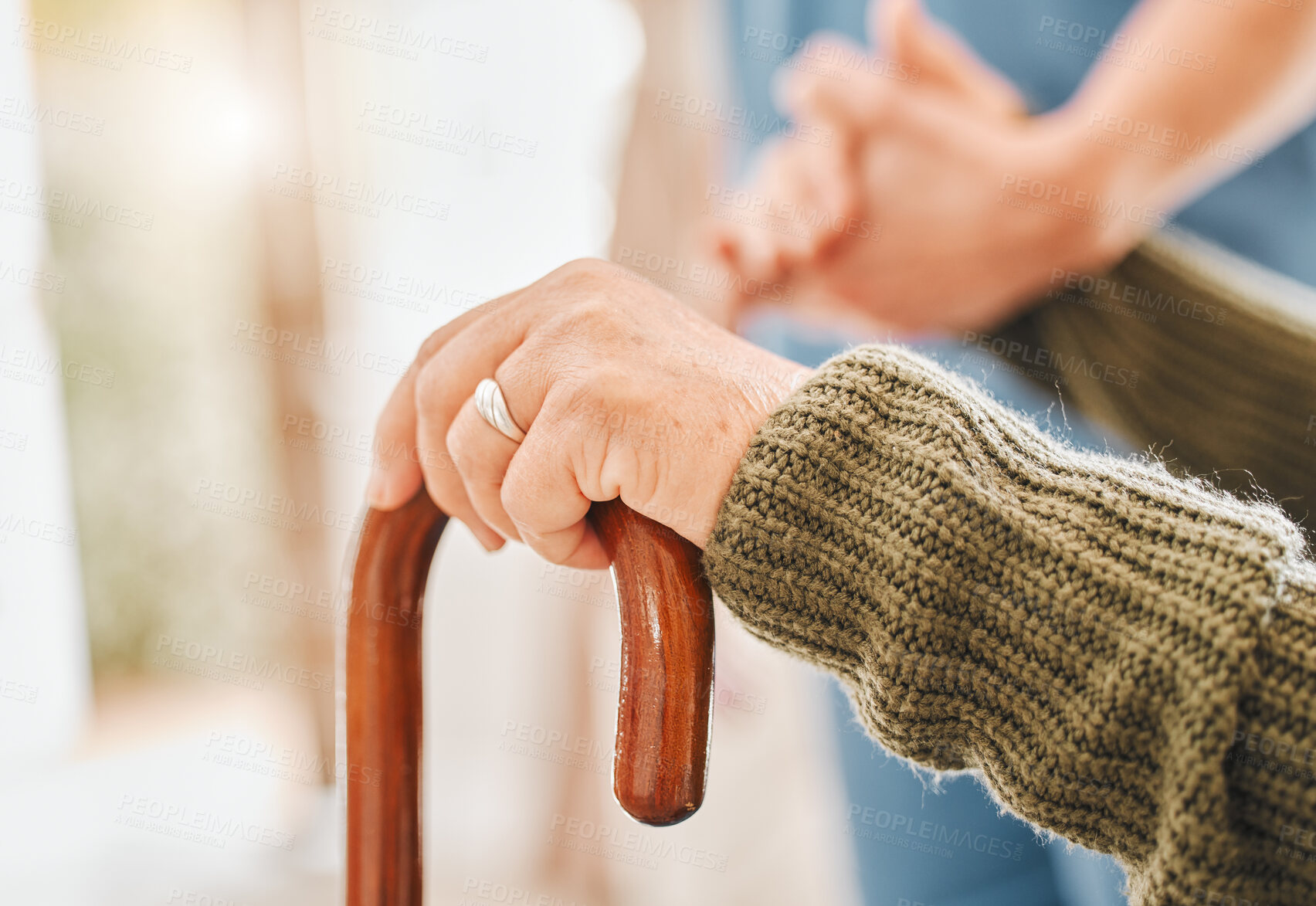 Buy stock photo Senior woman, nurse and cane for help with hands, physiotherapy and mobility or recovery in nursing home. Assisted living, professional and patient in retirement, health care and trust or support