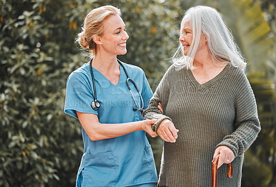 Buy stock photo Support, care and caregiver walking senior woman in a garden to relax, wellness and morning exercise in the lawn. Trust, nursing home and nurse help elderly person happy and smile for an outdoor walk