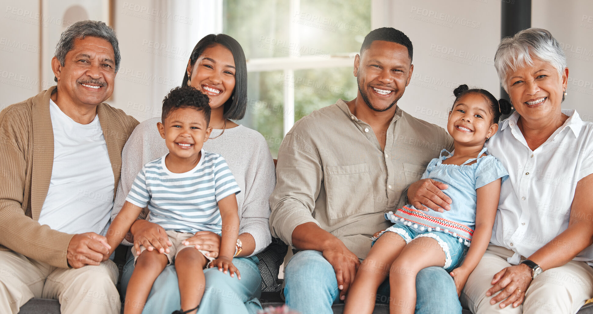 Buy stock photo Happy people, portrait and home with grandchildren, positive and fun for support or development in living room. Woman, man and grandparents for bonding, joy and together for love, care and big family