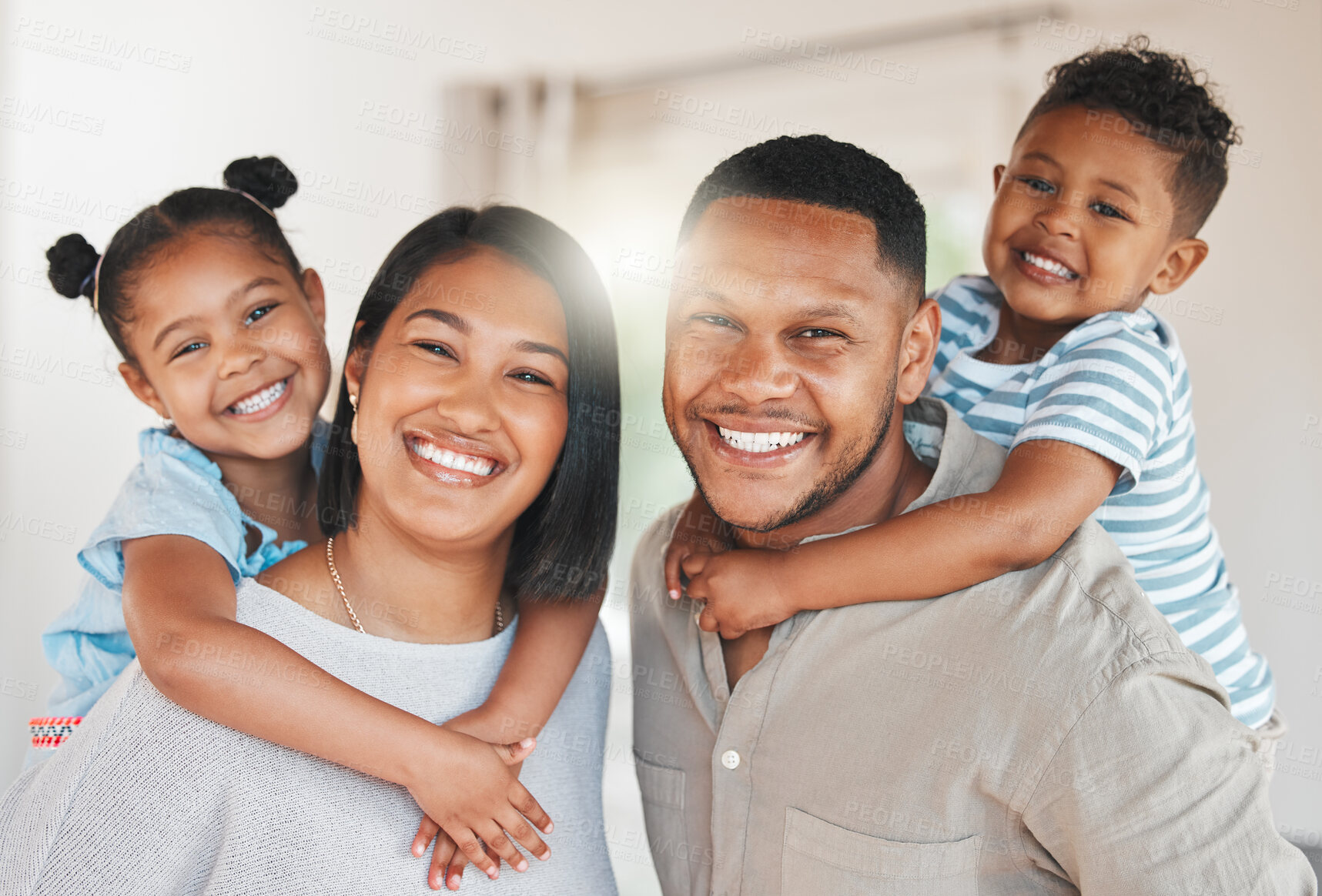 Buy stock photo Family, happy and carrying in living room for bonding, relax and relationship together on weekend. Mother, father and children with portrait in house for love, care and support as people in New York