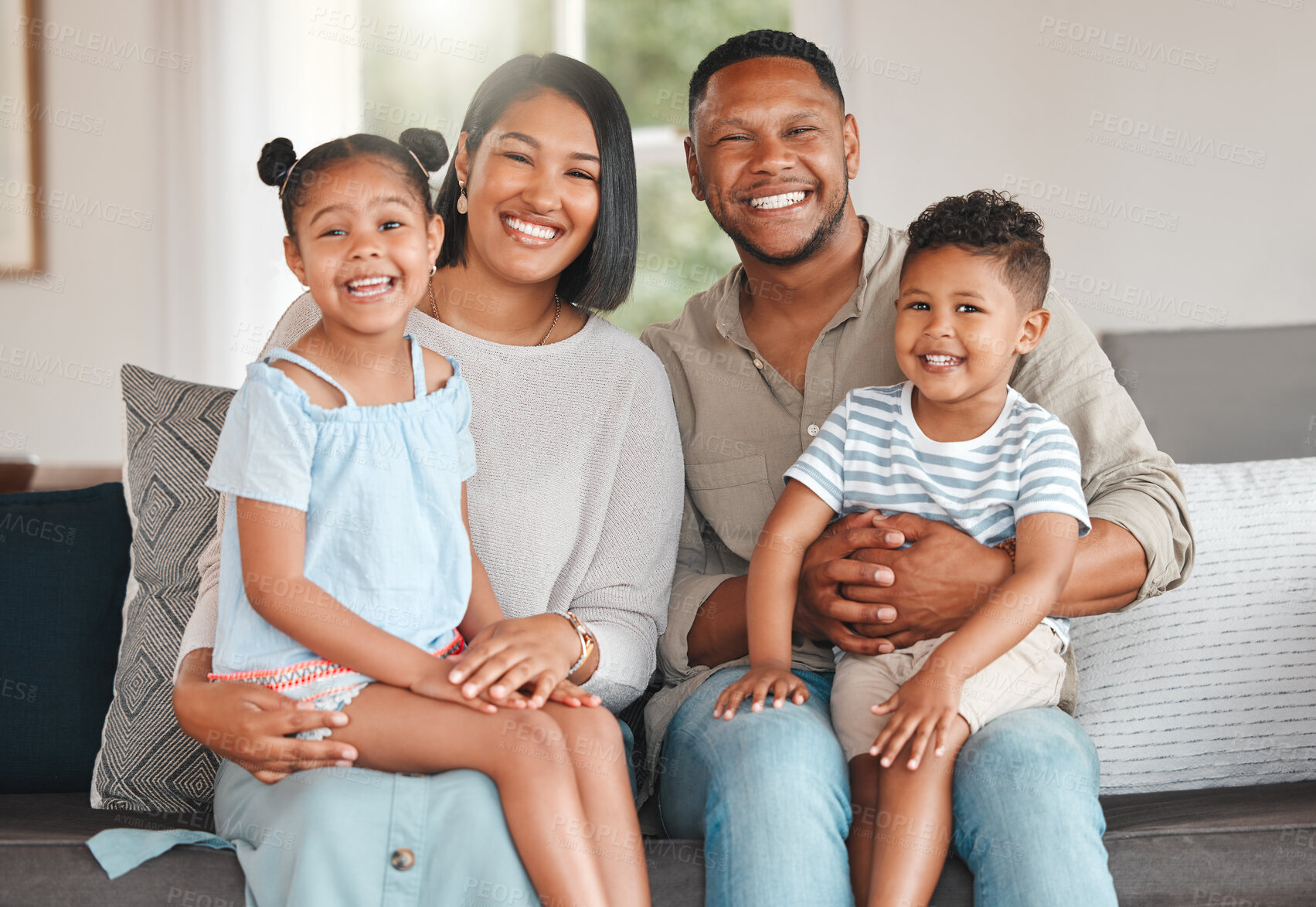 Buy stock photo Mother, father and children with portrait in house on sofa for love, care and support as people. Family, happy and smile in living room on couch for bonding, relax and retirement together on weekend