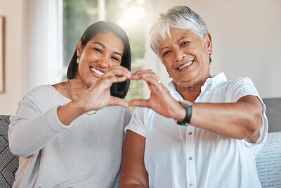 Buy stock photo Heart hands, portrait and elderly mother and daughter with care, affection or empathy. Love, hand gesture or senior mom with woman for support on mothersday, trust or kindness, family smile and emoji