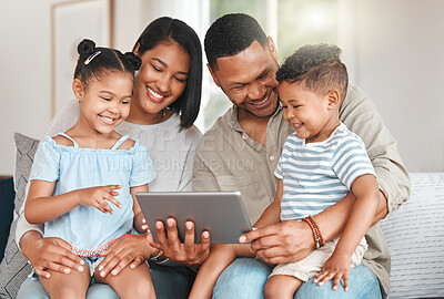 Buy stock photo Mom, children and dad with tablet on sofa for online activities, kids educational apps and digital storytelling. Mother, father and family home with internet for boy or girl, streaming and bonding.