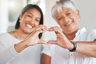 Buy stock photo Portrait, heart hands and senior mother and daughter with care, affection or empathy. Love, hand gesture or elderly mom with woman for support, trust and emoji, mothersday or kindness, hope or family