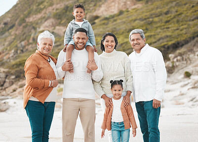Buy stock photo Cropped shot of an affectionate family of six on the beach