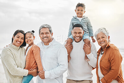 Buy stock photo Happy family, outdoor portrait and beach with grand parents, parent love and kids together by sea. Fun, vacation and children with grandmother and father by ocean on holiday with people and smile