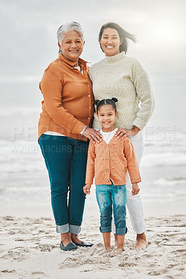 Buy stock photo Grandmother, mom and girl with portrait on beach for vacation together, love and outdoor bonding. Generations, women and child by ocean for holiday travel with support, adventure and happy in Mexico