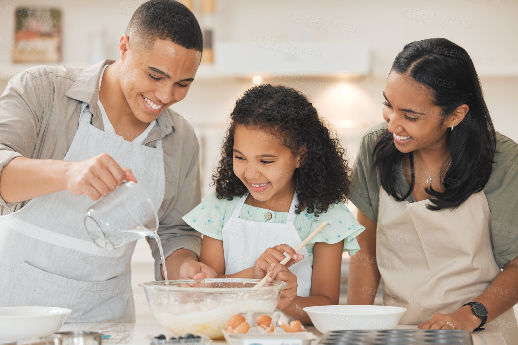 Buy stock photo Learning, child or parents with baking in kitchen for helping, mixing water or teaching cake recipe in home. Happy family, people or girl with raw ingredients for cooking education, support or how to