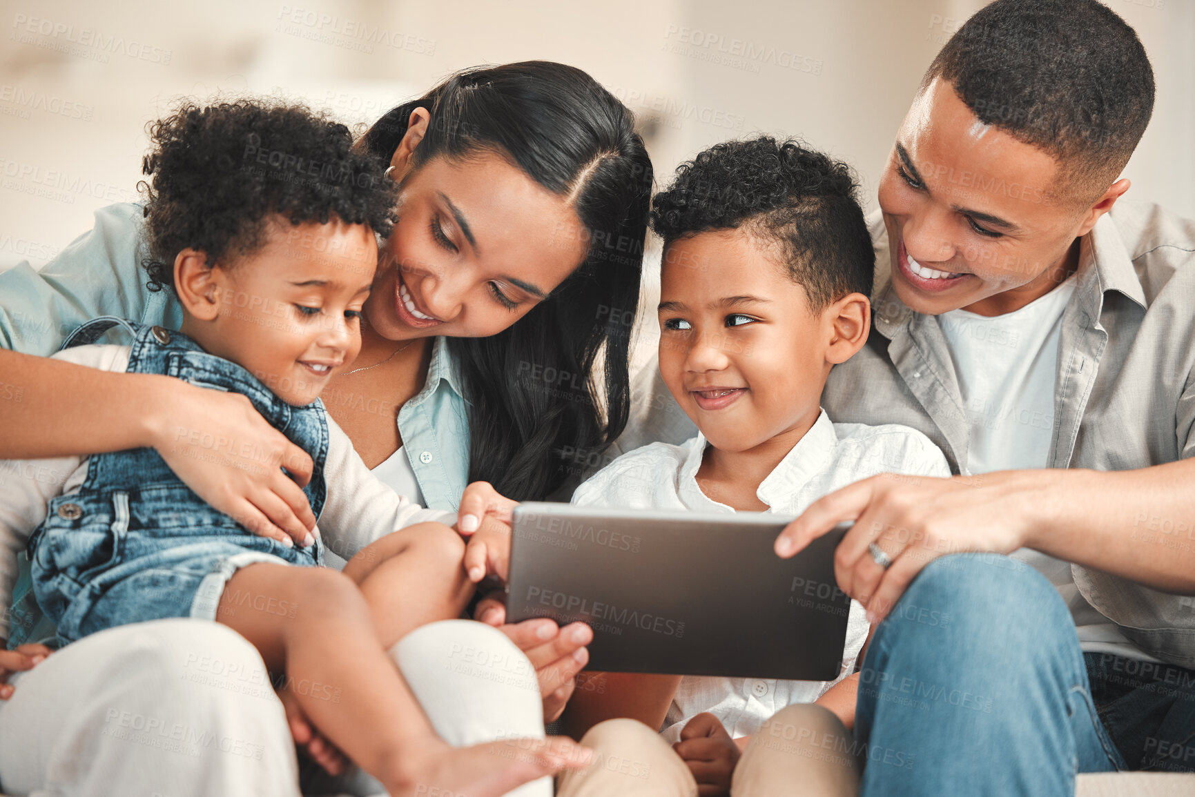 Buy stock photo Parents, boy and smile with tablet in home on sofa on streaming website for educational games. People, family  and kids with entertainment for bonding, support and teaching for child development