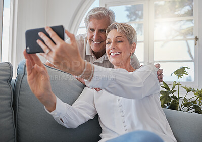 Buy stock photo Selfie, smile and mature couple on sofa for social media post, memory and profile picture. Retirement, marriage and senior man and woman on video call for bonding, love and online in living room