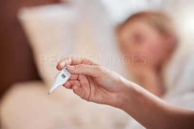 Buy stock photo Home, woman and hand with thermometer by child for healthcare, illness and temperature check. Sick, kid and mother with medical support for viral infection, symptoms and fever monitoring in bedroom