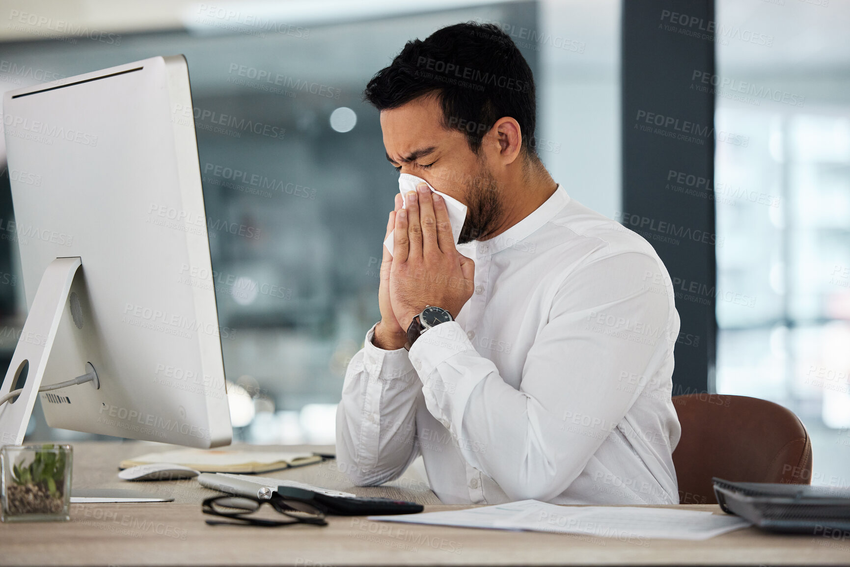 Buy stock photo Sick, business man and blowing nose from illness and disease at work from burnout at desk. Office, computer and employee with tissue email and allergy problem at advertising agency with flu virus