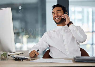 Buy stock photo Man, phone call and happy in office for conversation with paperwork for negotiation, deal and agreement. Person, smartphone and smile for networking, listening and news for funding at finance agency