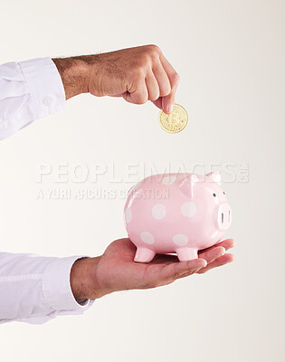 Buy stock photo Piggy bank, hands and coin in studio for savings, investment and budget for blockchain cryptocurrency. Business person, cash and money box in white background for financial growth, profit and advisor