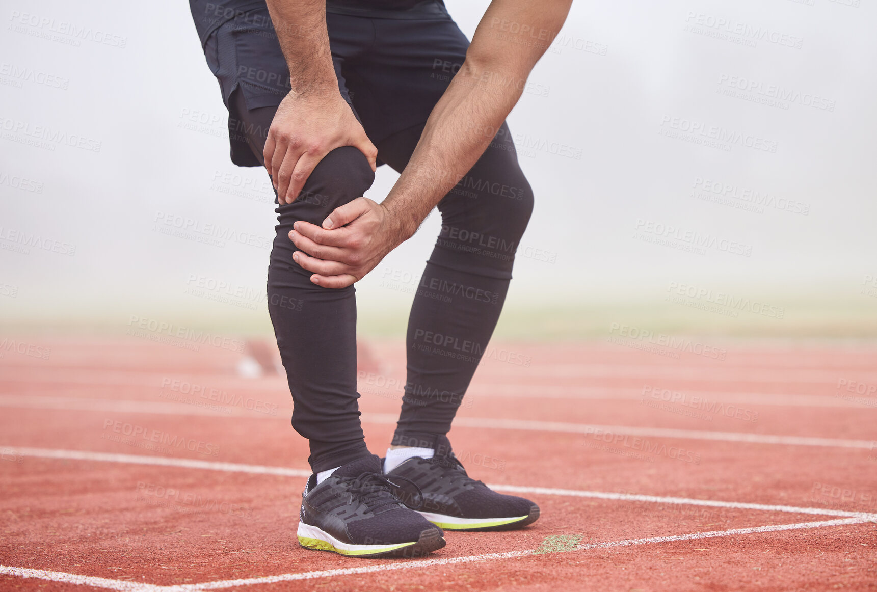 Buy stock photo Outdoor, track and hands of man with knee pain for sports injury, training and running accident. Fog, fitness athlete and person with leg problem for muscle sprain, pressure and tension in joint