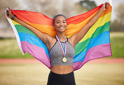 Buy stock photo Rainbow flag, pride and portrait of a woman outdoor after winning a race, marathon or competition. Happy, smile and lesbian female athlete with lgbtq fabric for gay rights, equality or celebration. 