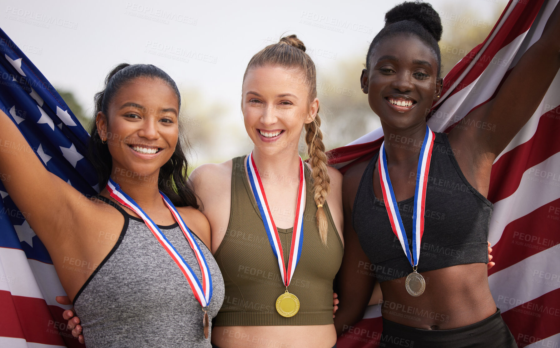 Buy stock photo Women, portrait and runner medal with USA flag, achievement and running award outdoor. Marathon, trophy and stadium win with group and teamwork smile from competition relay success with celebration