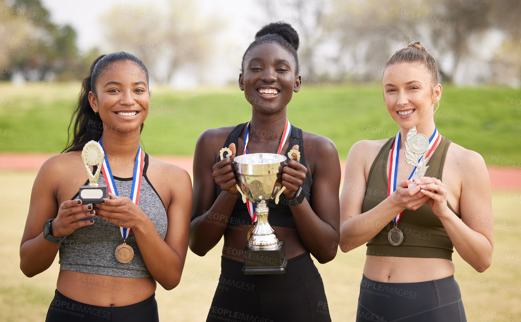 Buy stock photo Woman, trophy and achievement with gold as athlete for winner, competition and sport celebration outdoor. People, portrait and success with professional running, diversity or podium performance award