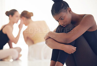 Buy stock photo Girl, ballet and depression in studio for bullying, gossip and discrimination with mental health on floor. Dancer, academy and anxiety in hall for verbal abuse, sad and outcast from jealous teenager